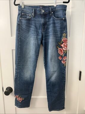 GAP Best Girlfriend Straight Leg Denim Jeans with Pink Rose Embroidery